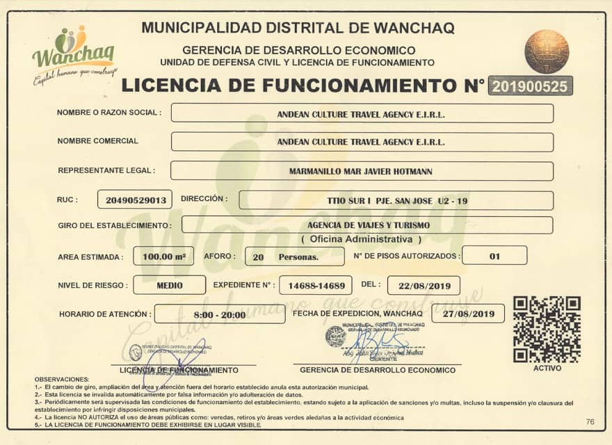 licencia de funcionamiento andean culture